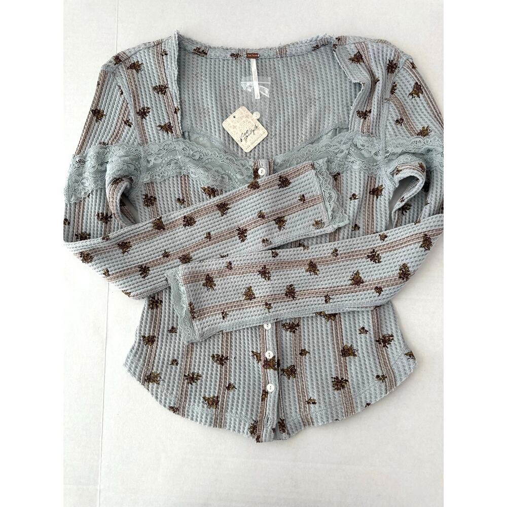 Free People Dainty Let's Party Cardi in Pearl Blue Combo Waffle Knit –NWT Size S